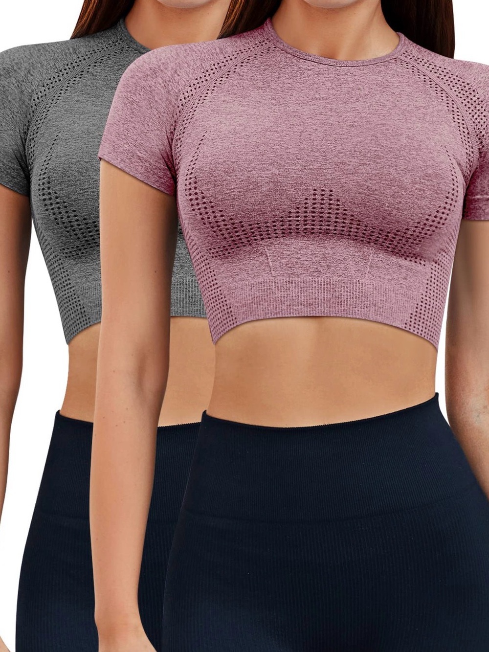 (2) Cropped Yoga Wear Athletic Crop Tops Short Sleeve Set of 2
